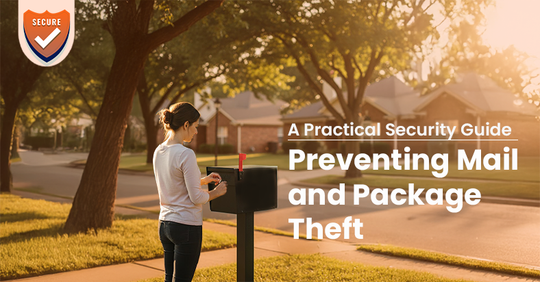 A woman checks her residential mailbox along a sunny suburban street lined with trees and houses. The image includes a badge icon labeled “Secure” and the headline text “A Practical Security Guide – Preventing Mail and Package Theft.