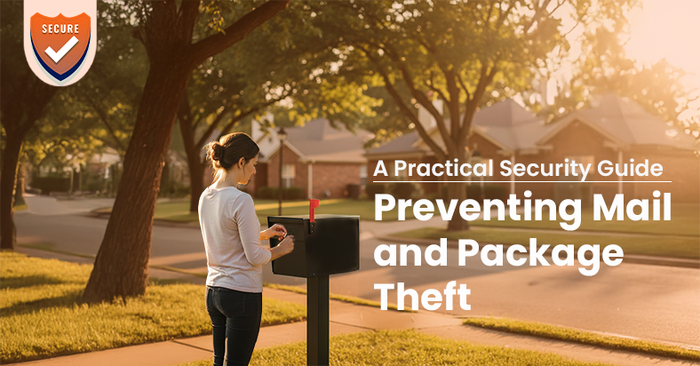 A woman checks her residential mailbox along a sunny suburban street lined with trees and houses. The image includes a badge icon labeled “Secure” and the headline text “A Practical Security Guide – Preventing Mail and Package Theft.