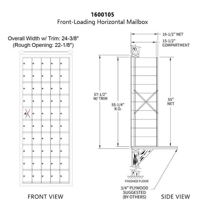10 Doors High x 5 Doors (49 Tenants) 1600 Series Front-Load Private Distribution Cluster Mailbox in Anodized Aluminum Finish