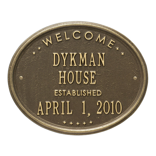 Whitehall Welcome Oval "House" Established - Standard Wall - Two Line - Antique Brass Address Plaque 