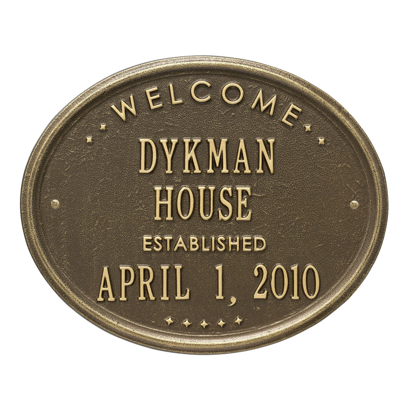 Whitehall Welcome Oval "House" Established - Standard Wall - Two Line - Antique Brass Address Plaque 