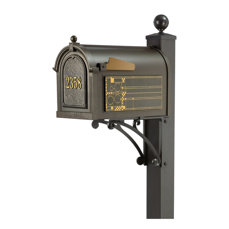 Whitehall Deluxe Mailbox Frank Lloyd Wright Coonley Package #1 (Capitol Mailbox, Deluxe Post, Personalized Door, Non-Personalized Coonley Side Plaques)