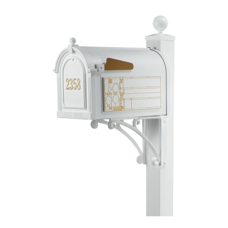 Whitehall Deluxe Mailbox Frank Lloyd Wright Coonley Package #1 (Capitol Mailbox, Deluxe Post, Personalized Door, Non-Personalized Coonley Side Plaques)