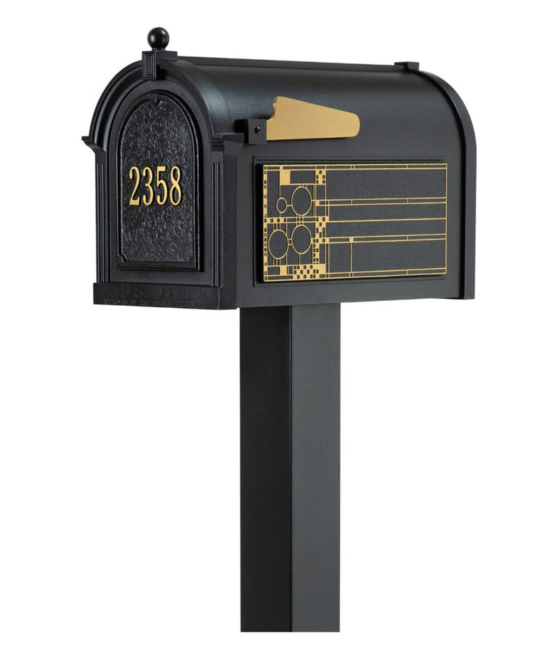 Whitehall Premium Mailbox Frank Lloyd Wright Coonley Package #1 (Capitol Mailbox, Standard Post, Personalized Door, Non-Personalized Coonley Side Plaques)
