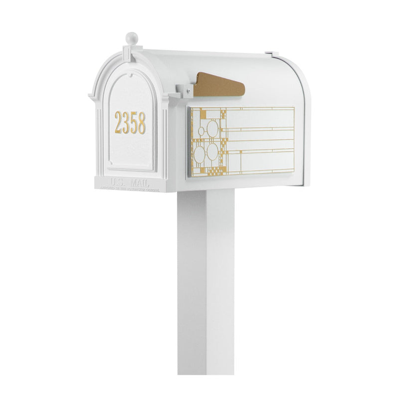 Whitehall Premium Mailbox Frank Lloyd Wright Coonley Package #1 (Capitol Mailbox, Standard Post, Personalized Door, Non-Personalized Coonley Side Plaques)