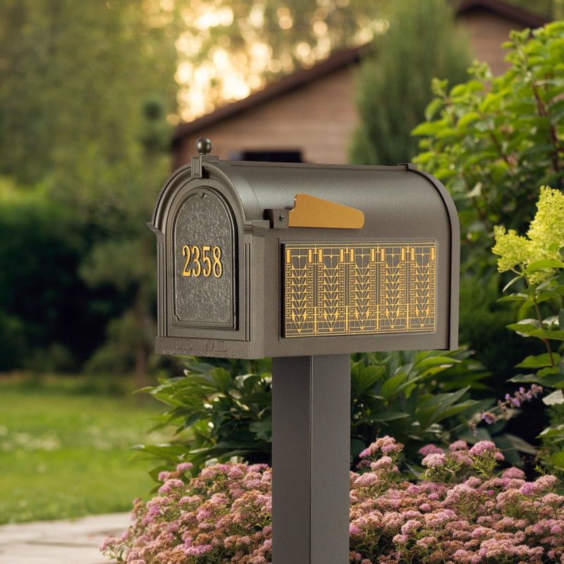 Whitehall Premium Mailbox Frank Lloyd Wright Tree Of Life Package #1 (Capitol Mailbox, Standard Post, Personalized Door, Non-Personalized Tree Of Life Side Plaques)