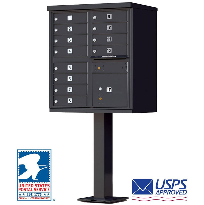 High-Security Pedestal CBU Mailbox - 12 Tenant Doors - Black