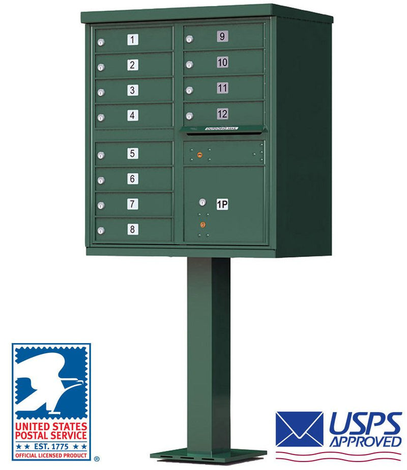 High-Security Pedestal CBU Mailbox - 12 Tenant Doors - Green