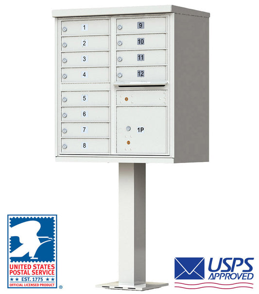 12 Door High Security USPS Cluster Mailbox CBU with 1 Parcel Locker, Pedestal Included