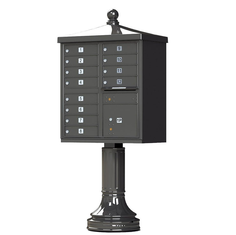 Cluster Box Unit With Finial Cap and Traditional Pedestal Accessories in Dark Bronze - 12 Compartments