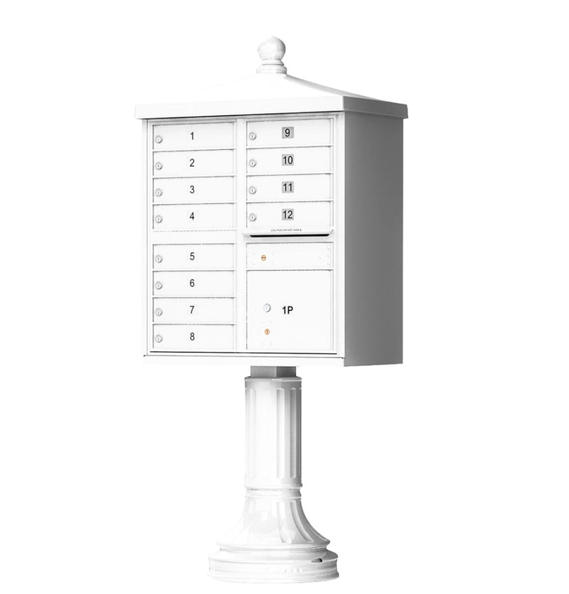 White Cluster Box Unit with Finial Cap and Traditional Pedestal accessories - 12 compartment