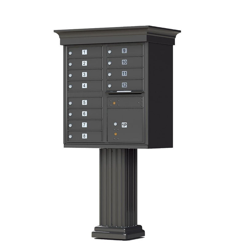 CBU Mailbox With Crown Cap And Pillar Pedestal Accessories - 12 Compartments in Dark Bronze