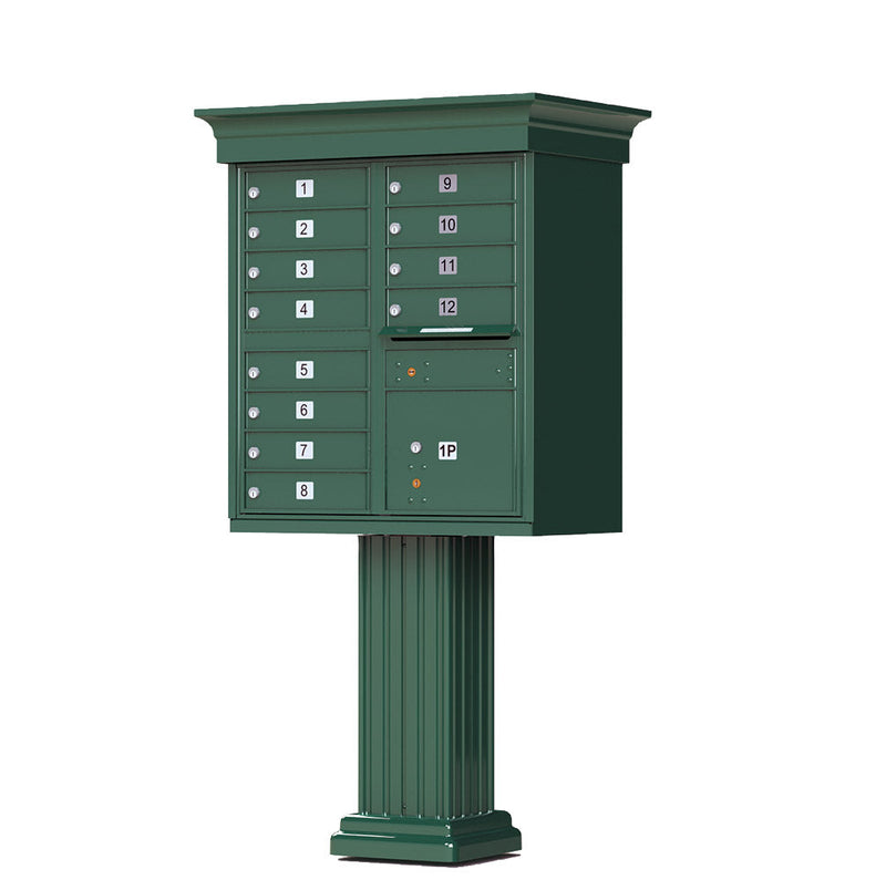 Forest Green Cluster Box Unit with Crown Cap and Pillar Pedestal accessories - 12 compartment