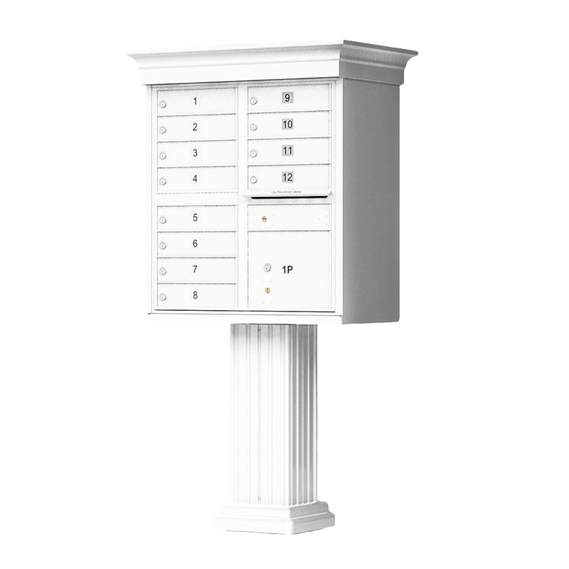 White Cluster Box Unit with Crown Cap and Pillar Pedestal accessories - 12 compartment