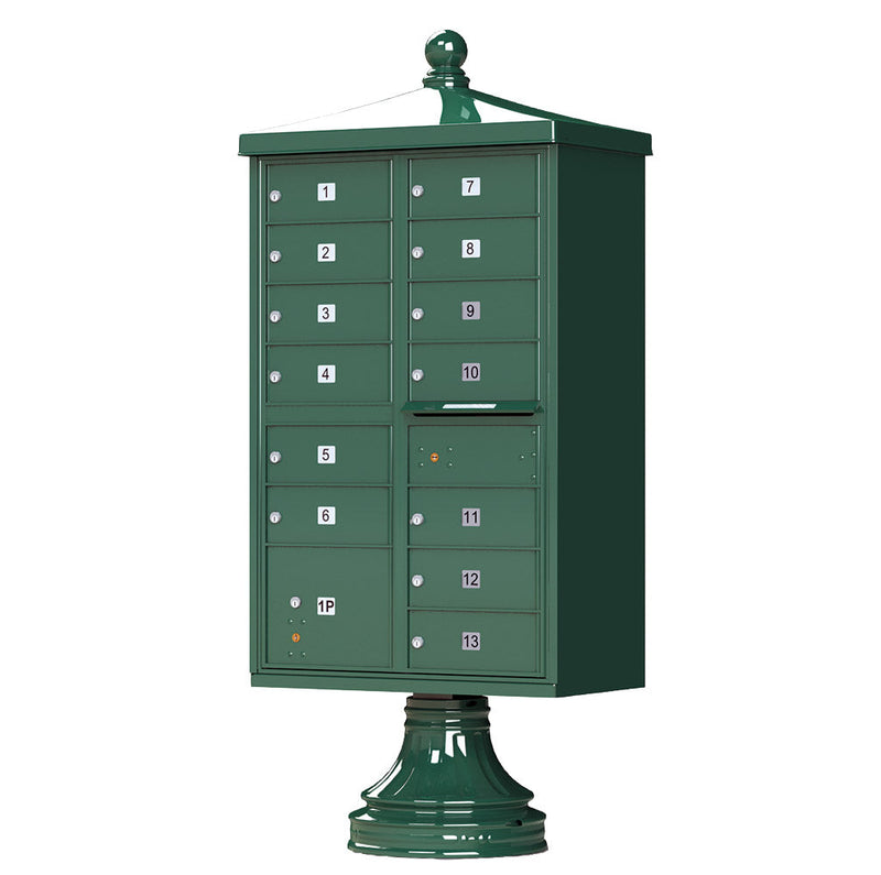 Forest Green Cluster Box Unit with Finial Cap and Traditional Pedestal accessories - 13compartment