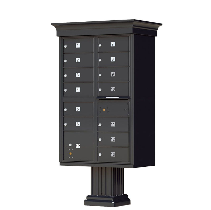 Black Cluster Box Unit with Crown Cap and Pillar Pedestal accessories - 13 compartment