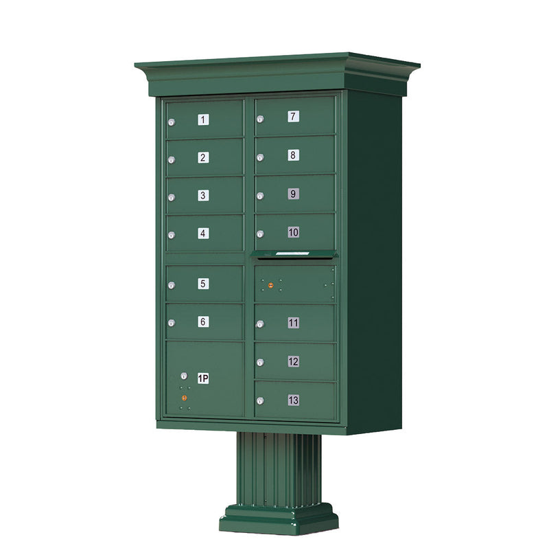 Forest Green Cluster Box Unit with Crown Cap and Pillar Pedestal accessories - 13 compartment