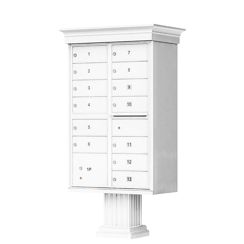 White Cluster Box Unit with Crown Cap and Pillar Pedestal accessories - 13 compartment