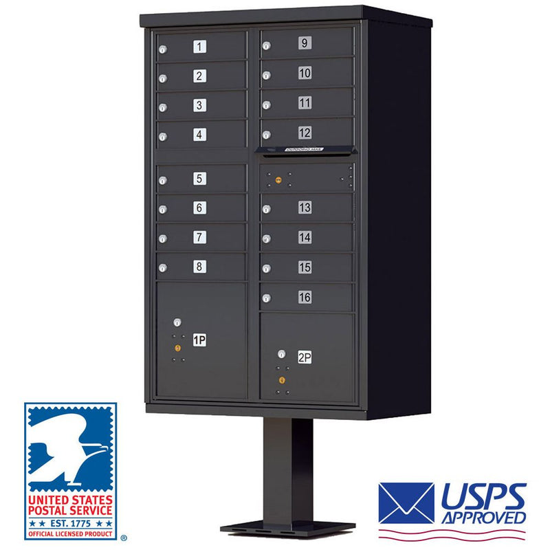 High-Security Pedestal CBU Mailbox - 16 Tenant Doors - Black
