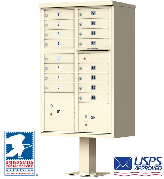 16 Door USPS Cluster Mailbox CBU with 2 Parcel Lockers, Pedestal Included
