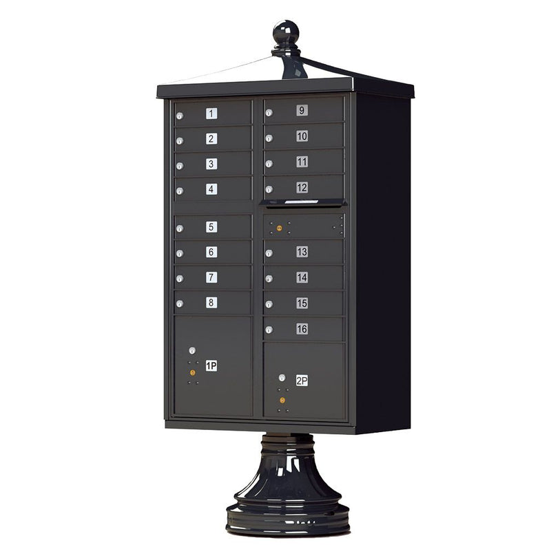 Black Cluster Box Unit with Finial Cap and Traditional Pedestal accessories - 16 compartment