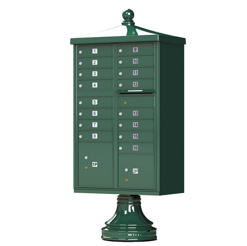 Forest Green Cluster Box Unit with Finial Cap and Traditional Pedestal accessories - 16 compartment