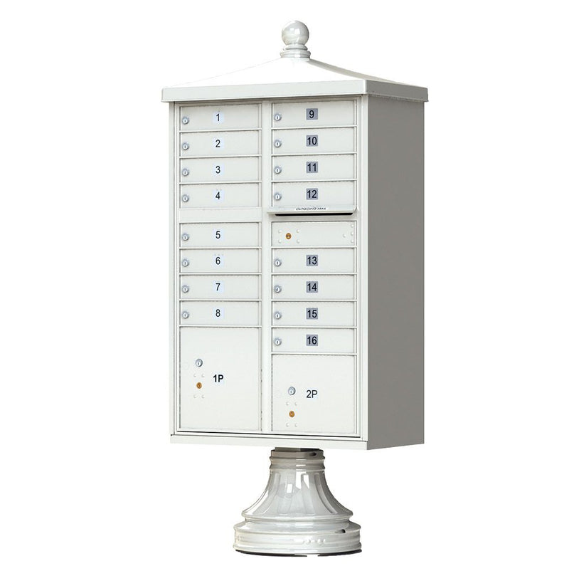 Postal Grey Cluster Box Unit with Finial Cap and Traditional Pedestal accessories - 16 compartment