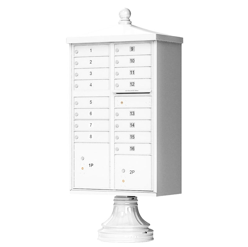 White Cluster Box Unit with Finial Cap and Traditional Pedestal accessories - 16 compartment