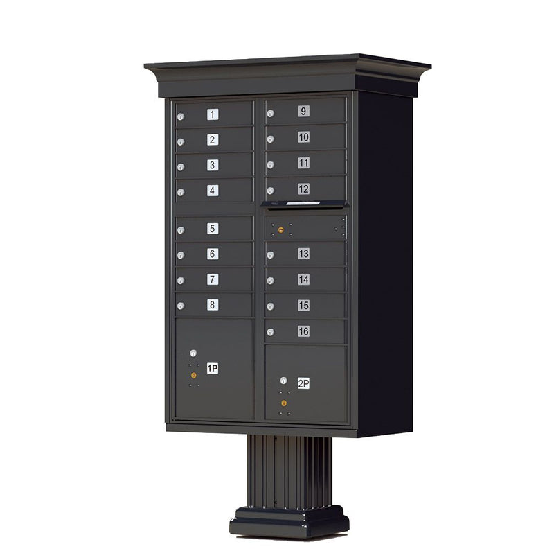 Black Cluster Box Unit with Crown Cap and Pillar Pedestal accessories - 16 compartment