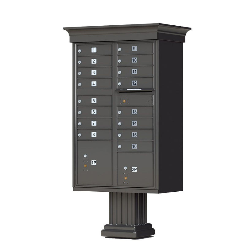 Cluster Box Unit (CBU) in Dark Bronze with Crown Cap and Pillar Pedestal Accessories - 16 Compartments