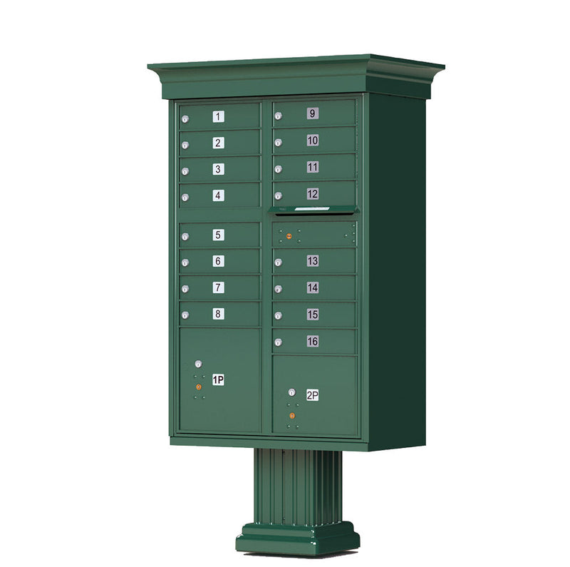 Forest Green Cluster Box Unit with Crown Cap and Pillar Pedestal accessories - 16 compartment