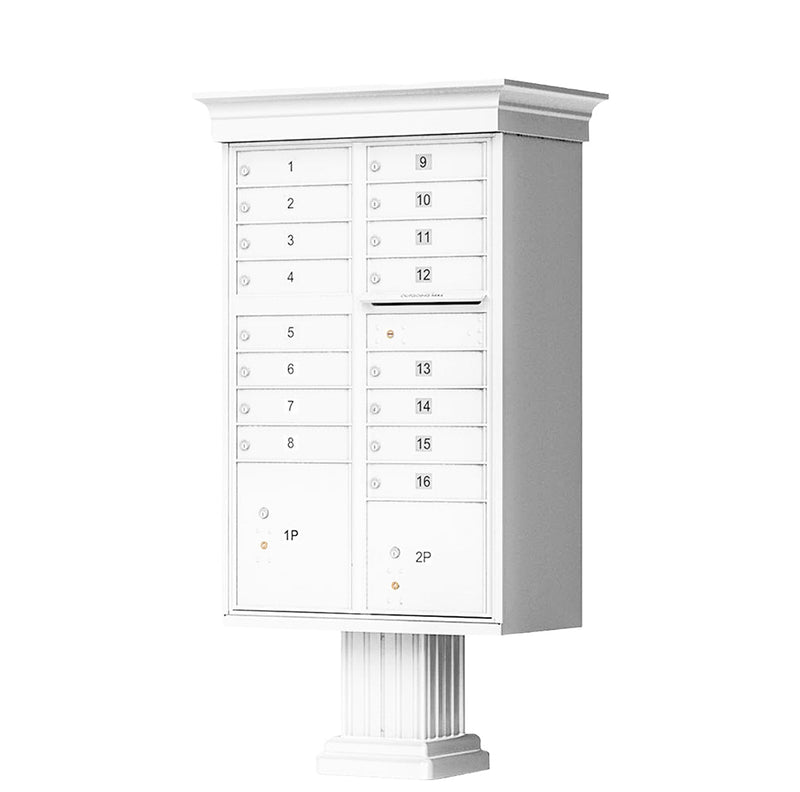 White Cluster Box Unit with Crown Cap and Pillar Pedestal accessories - 16 compartment