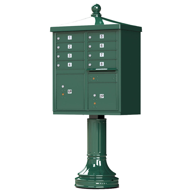 Forest Green Cluster Box Unit with Finial Cap and Traditional Pedestal accessories - 8 compartment
