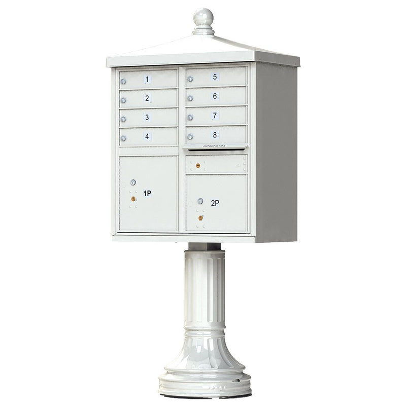 Postal Grey Cluster Box Unit with Finial Cap and Traditional Pedestal accessories - 8 compartment