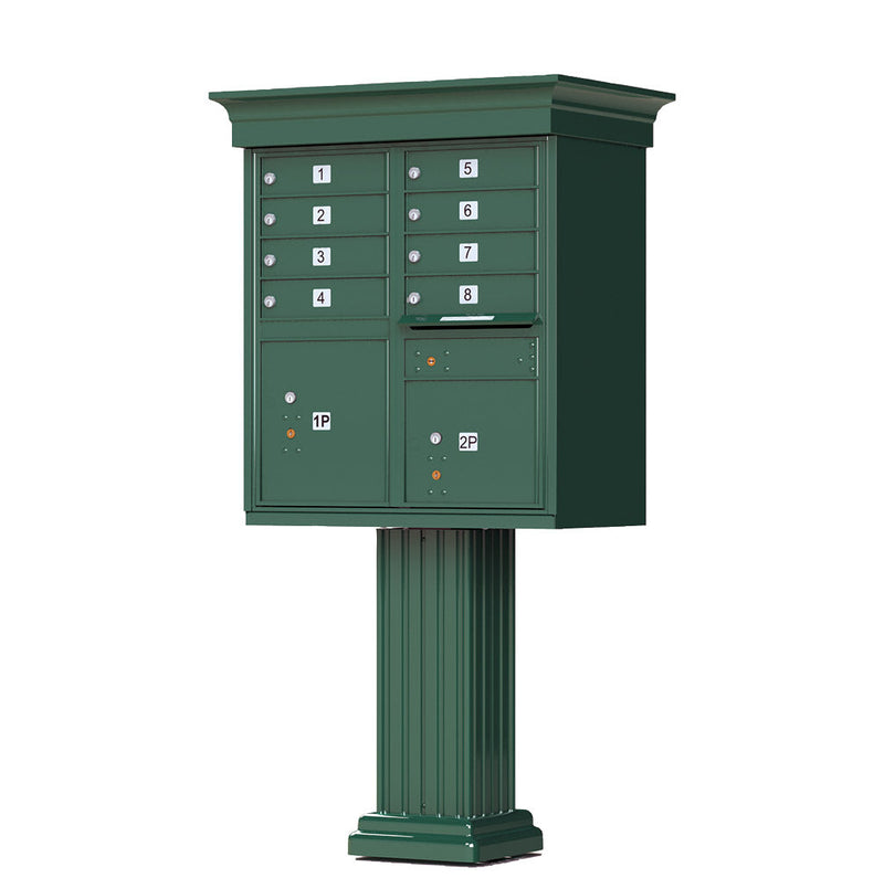 Forest Green Cluster Box Unit with Crown Cap and Pillar Pedestal accessories - 8 compartment