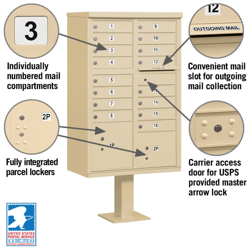 Salsbury Cluster Box Unit with 16 Doors and 2 Parcel Lockers with USPS Access – Type III