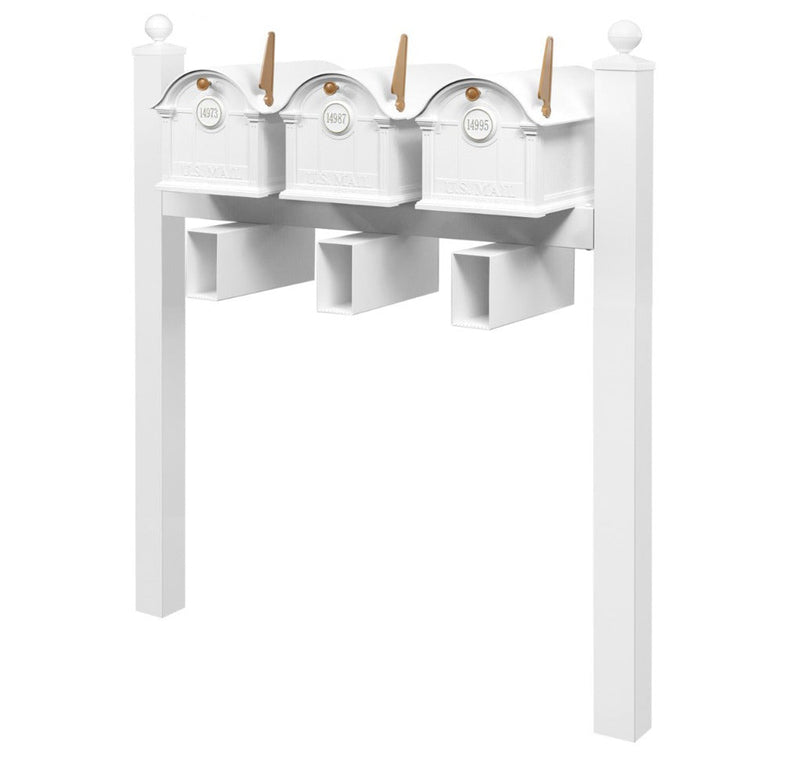 Balmoral Triple Mount Mailbox Set with Personalized Door Medallions, Newspaper Holders & Ball Finials – Available in Black, Bronze, and White