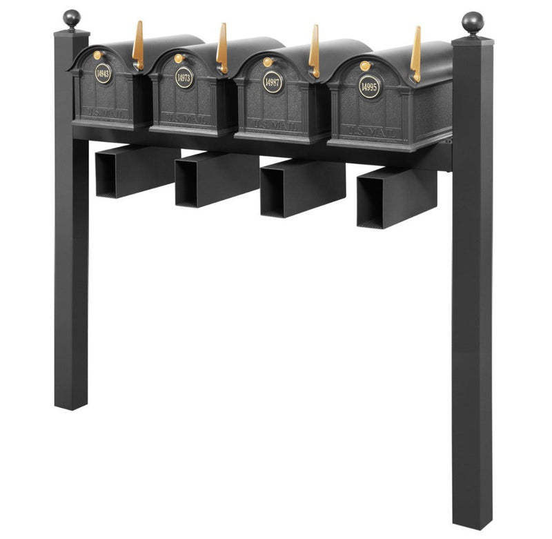 Balmoral Quad Mount Mailbox Set with Personalized Door Medallions, Newspaper Holders & Ball Finials – Available in Black, Bronze, and White