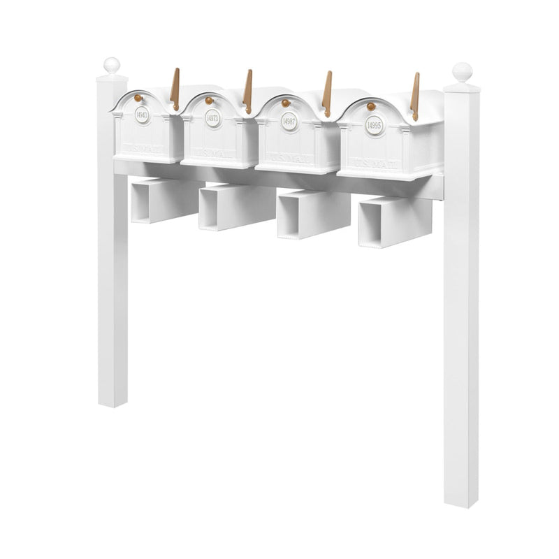 Balmoral Quad Mount Mailbox Set with Personalized Door Medallions, Newspaper Holders & Ball Finials – Available in Black, Bronze, and White
