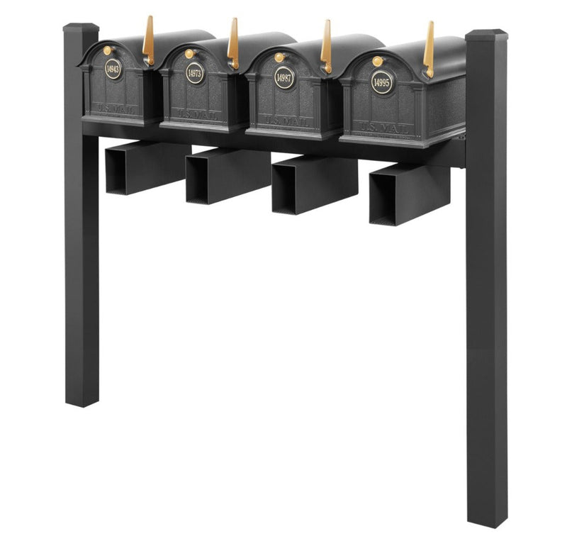 Balmoral Quad Mount Mailbox Set with Personalized Door Medallions, Newspaper Holders & Cap Finials – Available in Black, Bronze, and White