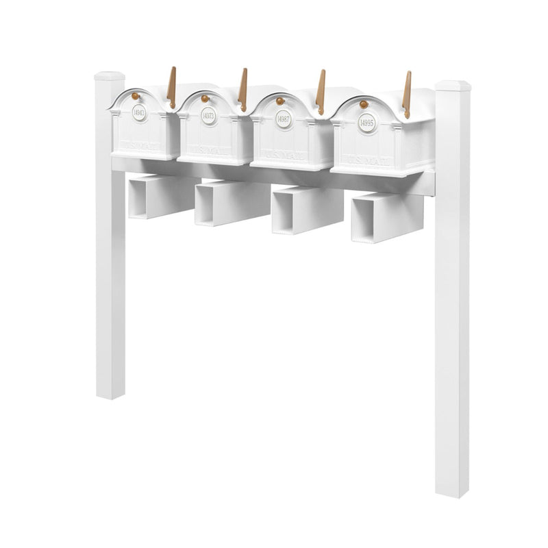 Balmoral Quad Mount Mailbox Set with Personalized Door Medallions, Newspaper Holders & Cap Finials – Available in Black, Bronze, and White