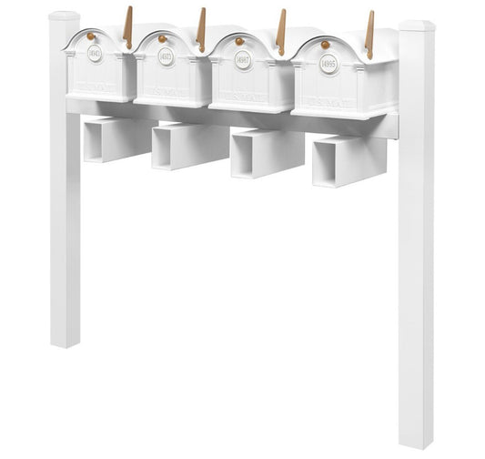 Balmoral Quad Mount Mailbox Set with Personalized Door Medallions, Newspaper Holders & Cap Finials – Available in Black, Bronze, and White