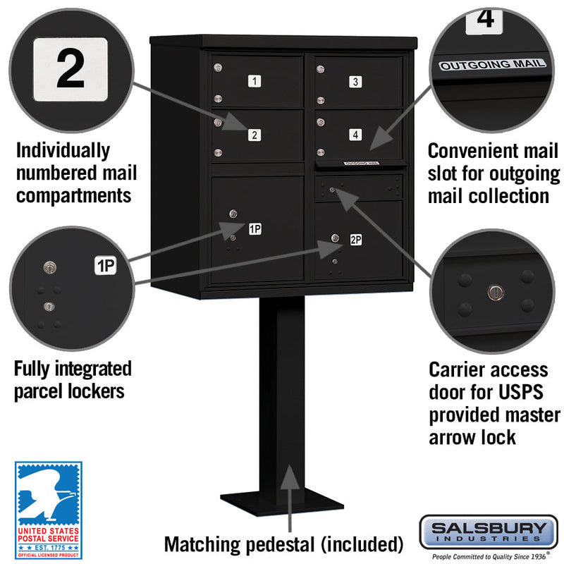 Salsbury 3305-U 4 Door Cluster Mailbox Premium Package with Pedestal and Installation Hardware