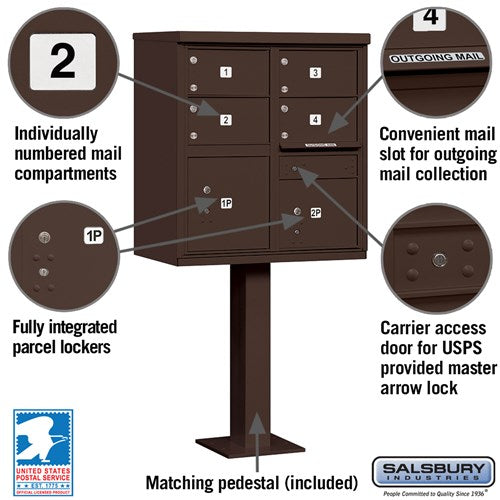 Salsbury 3305-U 4 Door Cluster Mailbox Premium Package with Pedestal and Installation Hardware