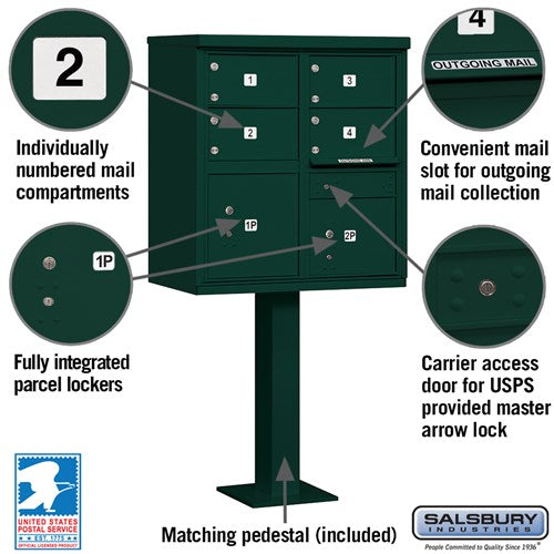 Salsbury 3305-U 4 Door Cluster Mailbox Premium Package with Pedestal and Installation Hardware