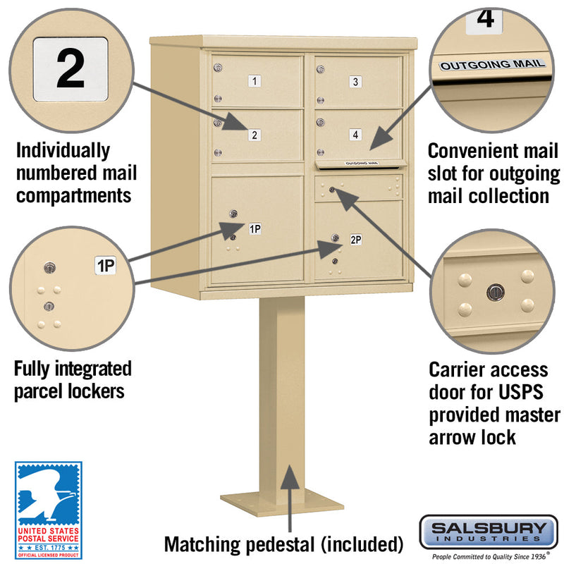 Salsbury 3305-U 4 Door Cluster Mailbox Premium Package with Pedestal and Installation Hardware