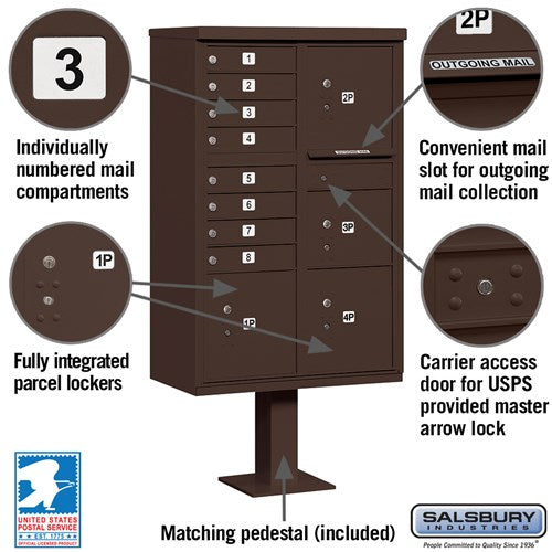 Salsbury Cluster Box Unit with 8 Doors and 4 Parcel Lockers with USPS Access – Type VI