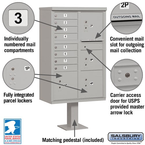 Salsbury 3306-U 8 Door Cluster Mailbox Premium Package with Pedestal and Installation Hardware