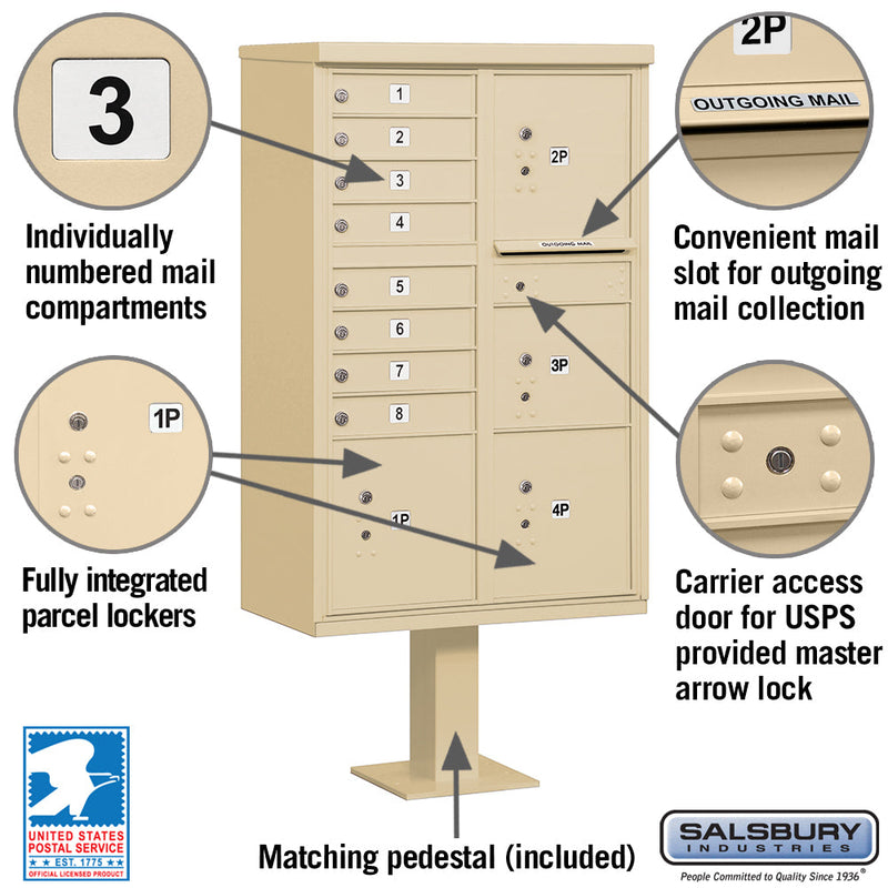 Salsbury 3306-U 8 Door Cluster Mailbox Premium Package with Pedestal and Installation Hardware