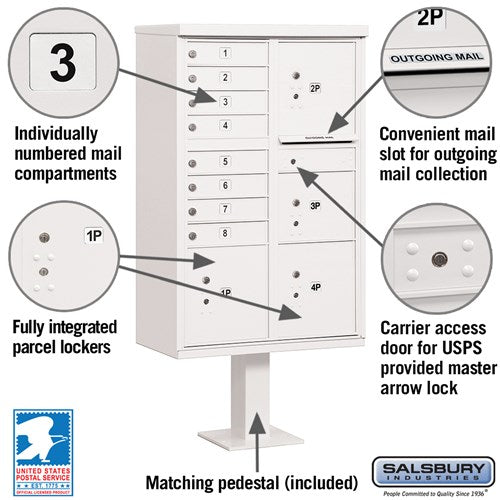 Salsbury 3306-U 8 Door Cluster Mailbox Premium Package with Pedestal and Installation Hardware